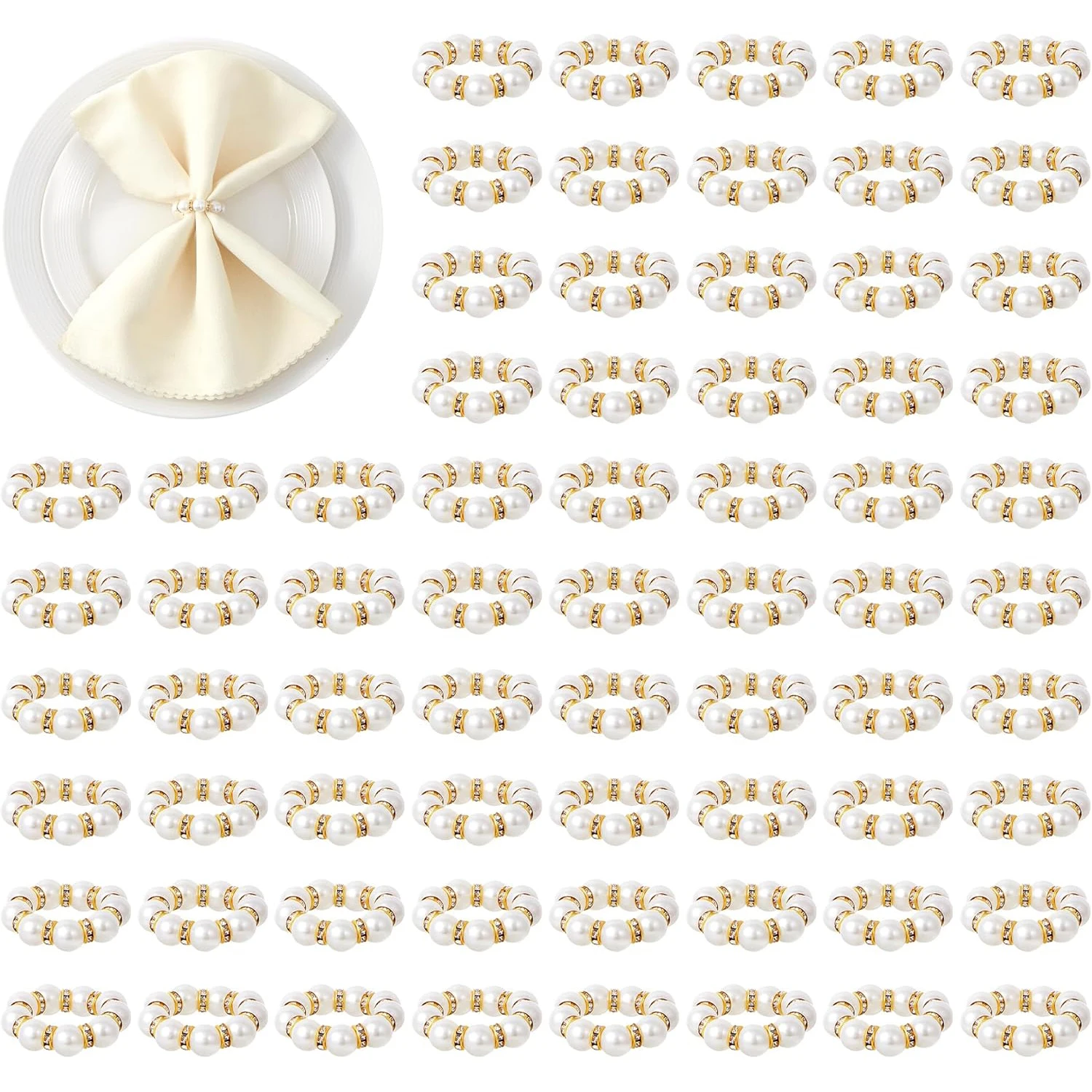 Pearl Gold Napkin Rings,Imitation Pearl Napkin Holder, Disposable Napkins Rings for Wedding Banquet Table Decor