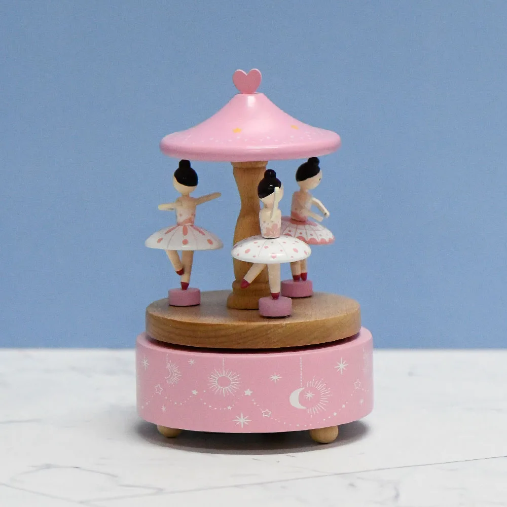 

Christmas Decorations Pink Ballerina Carousel Round Rotating Wooden Music Boxes for Lady Gifts