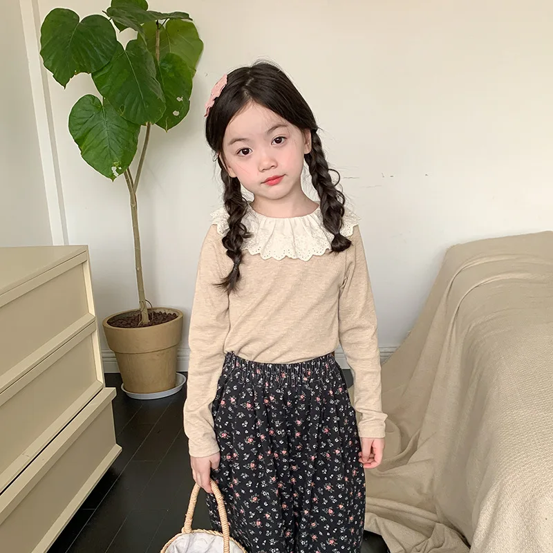 

Children Clothing Kids Undershirt Korean Style 2023 Autumn New Girls Soft Cashmere Lace Collar Casual Simple Solid Color Top