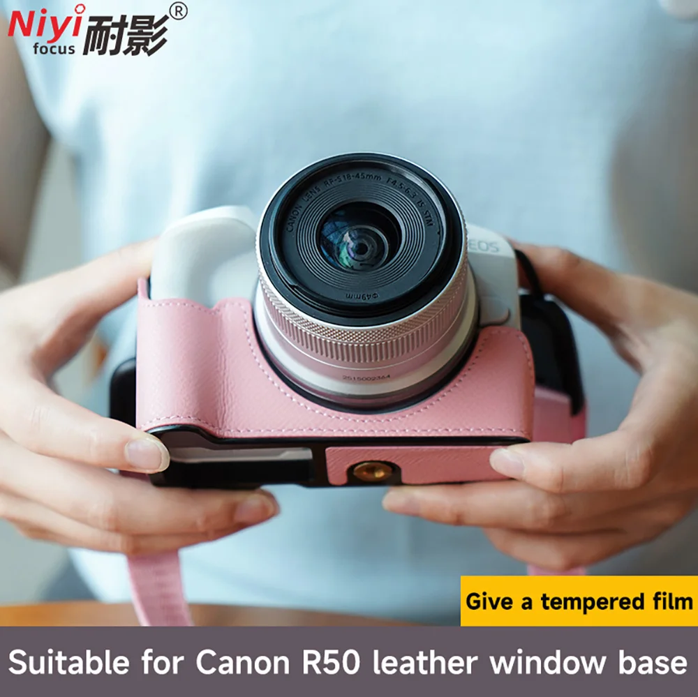 Kameratasche aus echtem Leder für Canon EOS R50 Kamera, Halbkörperabdeckung, untere Batterieöffnung, Canon R50-Zubehör