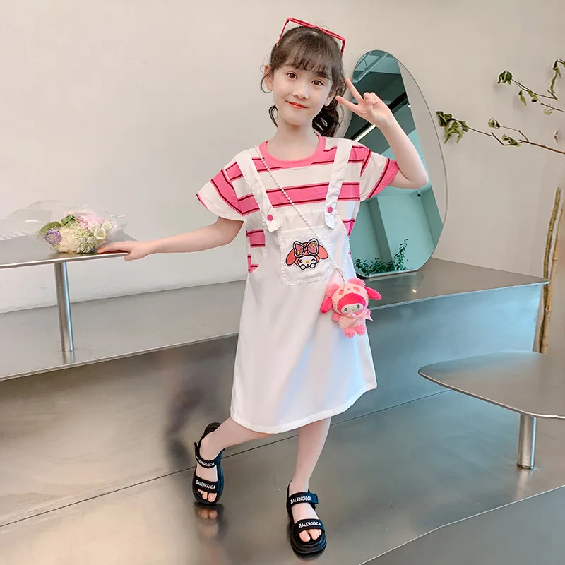 

My Melody Girl Two Fakes Strap Skirt Summer Dress Sanrios New Stripe Dress Children's Clothing Cute Skirt Kids Girls Clothes