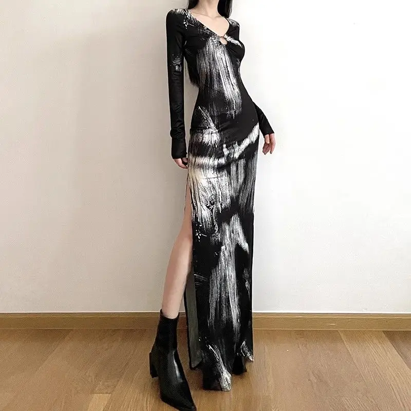 Antique Style Ink Splatter Artistic Sense Tie Dye Color Blocked Hollow V-neck Long Skirt Autumn New Slim Fit Slit Dress