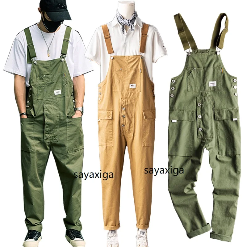 

Retro American Cotton Overalls Bibs Loose Fashion Jumpsuit Men's Suspenders Four Season Full Length Baggy Cargo Pants streetwear