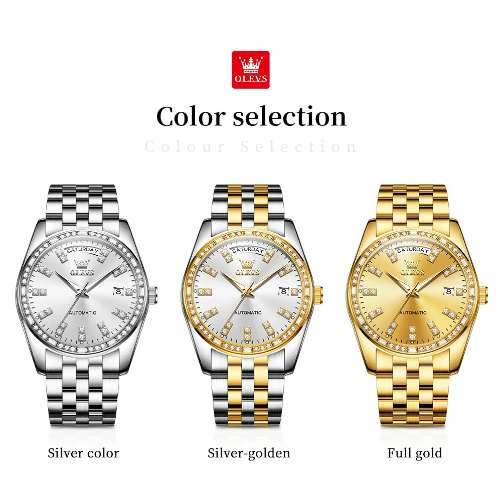 OLEVS New Luxury Top Brand orologio automatico per uomo Diamond Waterproof Week Calendar Dial orologio da polso meccanico reloj de hombre