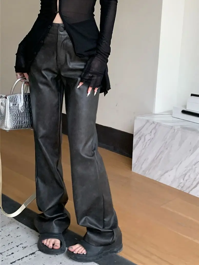 

Alien Kitty Black PU Trousers Women 2023 Wide Leg Loose High Waist Autumn Chic Slim Office Lady Straight Mujer Streetwear Pants