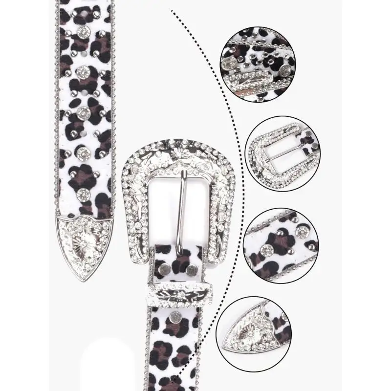 39BB Cinturón con estampado leopardo y hebilla diamantes imitación para fiesta disco para niña