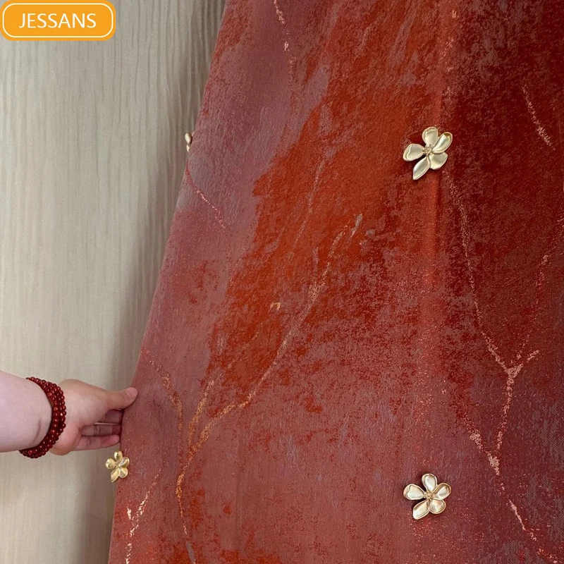 

High Grade Gold Thread Jacquard Orange Curtains for Living Room Bedroom French Window Balcony Blind Customized Finished Villa
