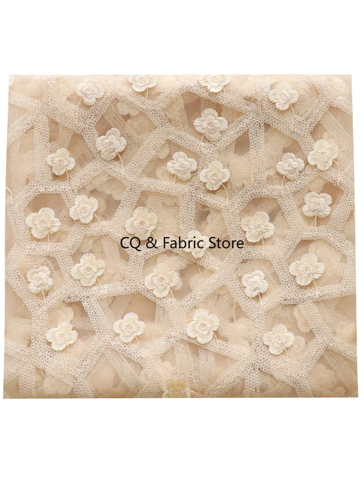 Piccolo ricamo floreale 3D albicocca, tessuto a rete con paillettes Tessuto di design fatto a mano per abiti da sposa e da sera fai-da-te tagliato a misura