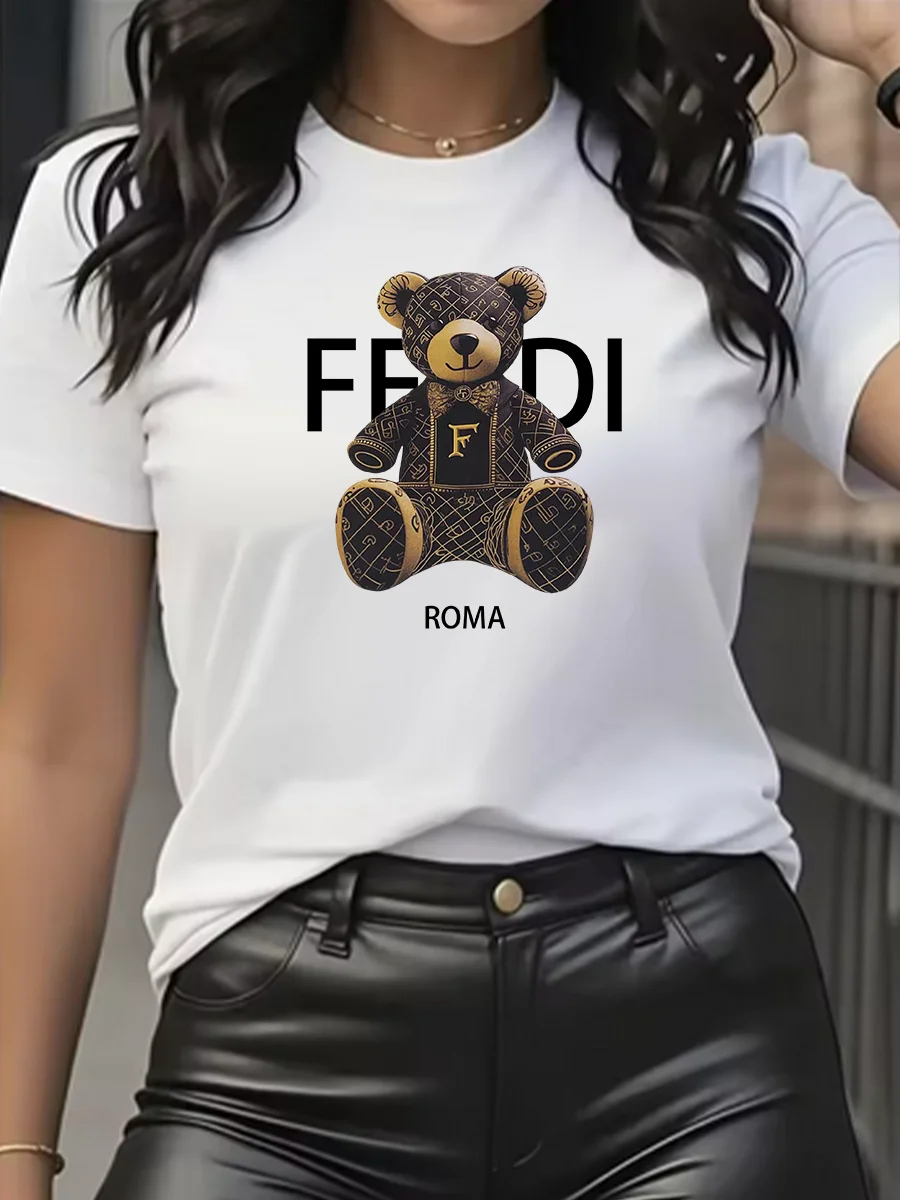 summer Graphic T-Shirt Short Sleeve Crew Neck with Soft Comfortable Spring Women's Light Blue Casual Teddy Bear