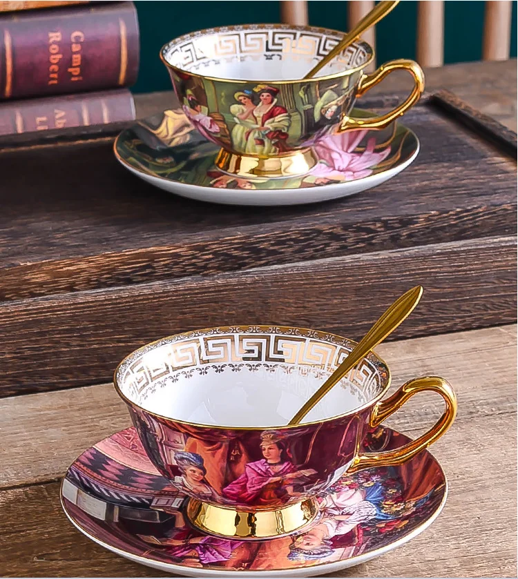 

Top-grade Porcelain Tea Cup Cafe Teaware Europe Bone China Coffee Cup Saucer Spoon Set 200ml Luxury Ceramic Mug Party Drinkware