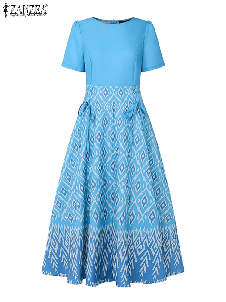 Zanzea boêmio meados de bezerro vestidos femininos verão elegante impresso vestidos longos 2025 moda vintage casual manga curta festa robe