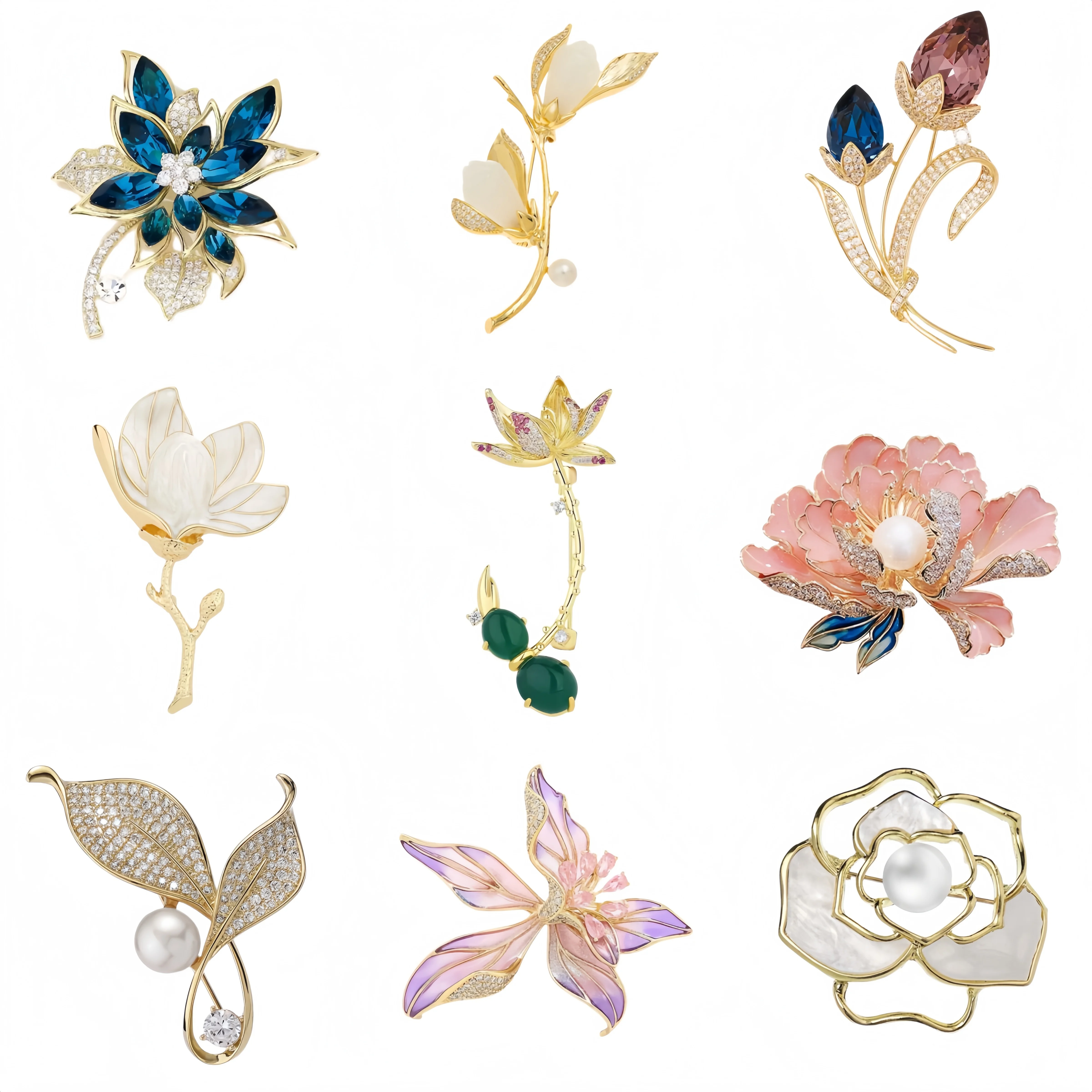 Essh&Pule Oriental Luxury Flower Brooch Crystal Magnolia Peony Pearl Lapel Pin Elegant Women Wedding Coat Accessory Gift