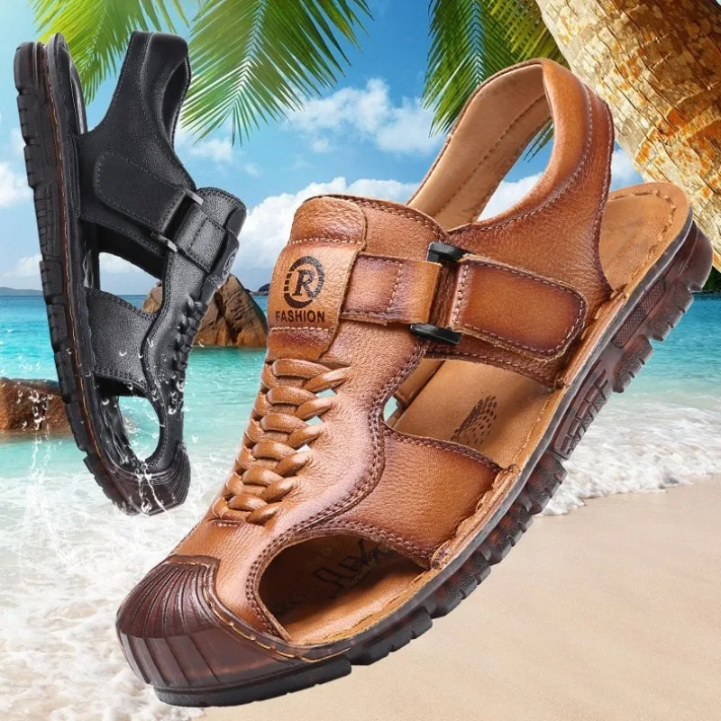 

Мужские кожаные повседневные сандалии с подошвой из бычьего сухожилия, из натуральной кожи первого слоя, пляжные туфли, износостойкие, нескользящие, для вождения, в стиле «папины туфли»