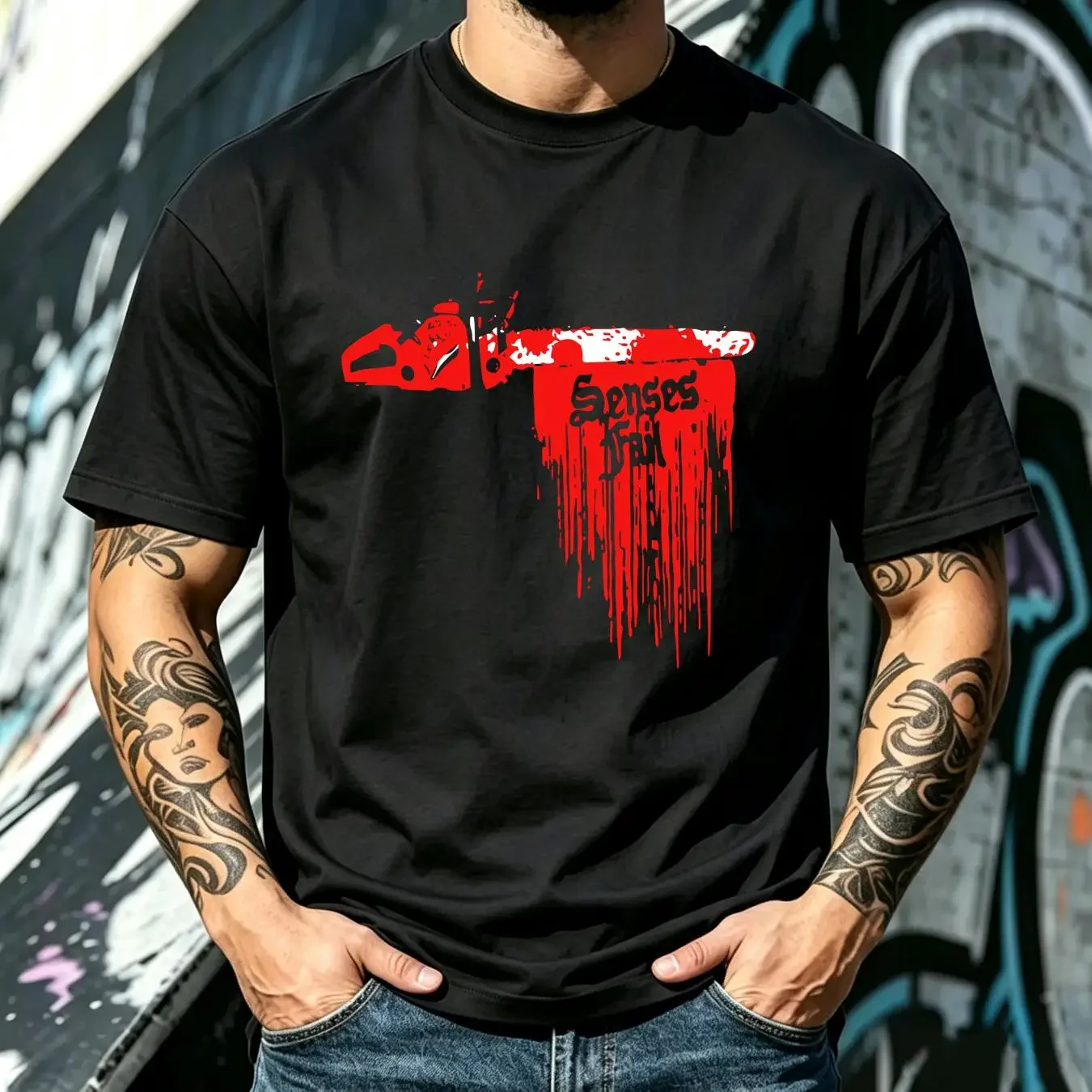 washed T Shirt SENSES FAIL Bloody Chainsaw Logo Spellout Hardcore Band vintage Washed designer clothes graphic Stretched Casual