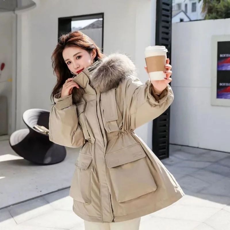 2023 New Women Down Jacket Winter Coat Female Mid-length Thicken Parkas Frock Loose Fur Collor Outwear Hooded Trend Overcoat