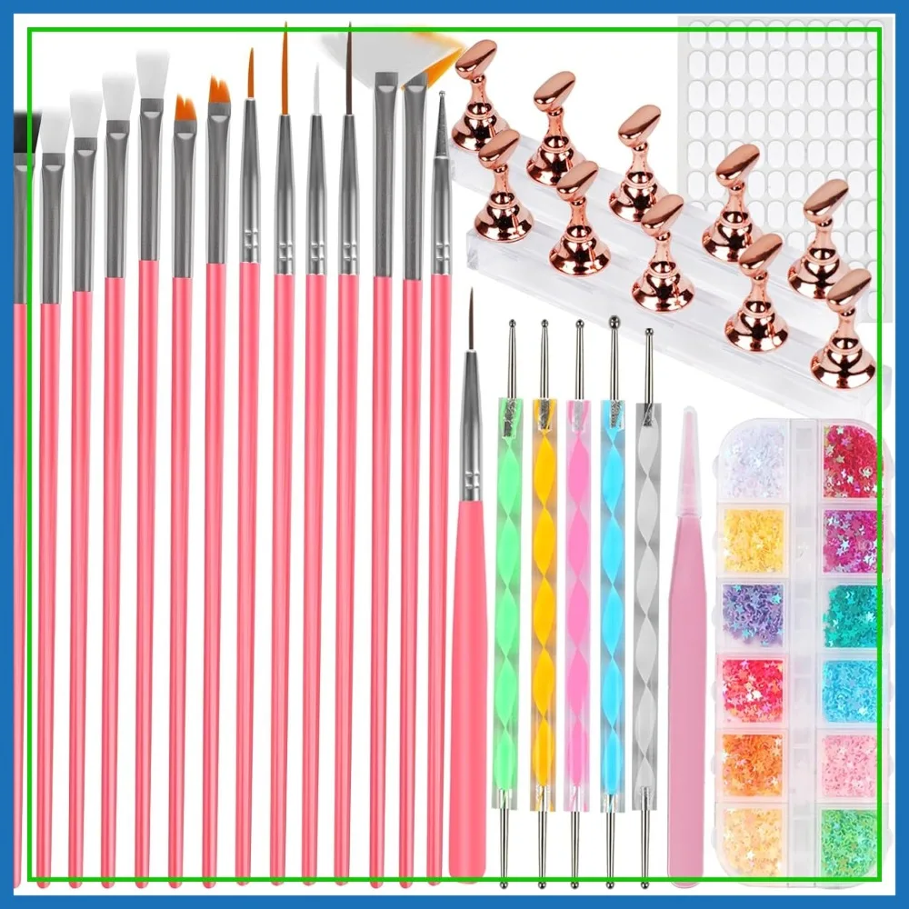 

25PCS Nail Art Tools Set: Brushes, Dotting, Striping Pens, Jelly Glue, Tweezers, Sequins, Stand - Professional Kit
