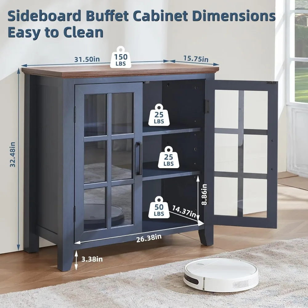 Large Sideboard Buffet Cabinet with Storage, Farmhouse Navy Blue Kitchen Coffee Wine Bar Cabinet with Glass Doors