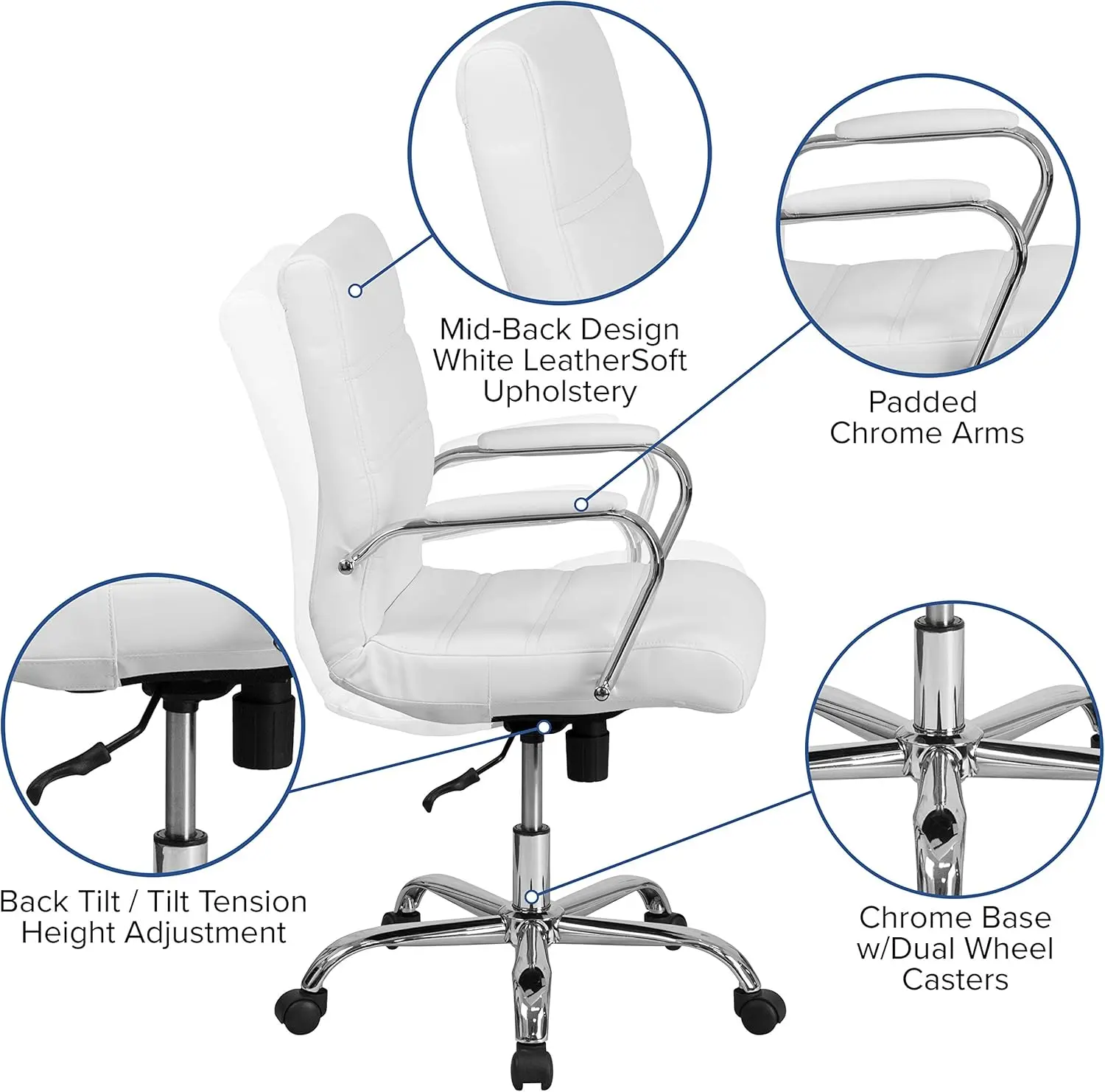 Whitney Mid-Back Swivel LeatherSoft Desk Chair with Padded Seat and Armrests, Adjustable Height Padded Office Ch