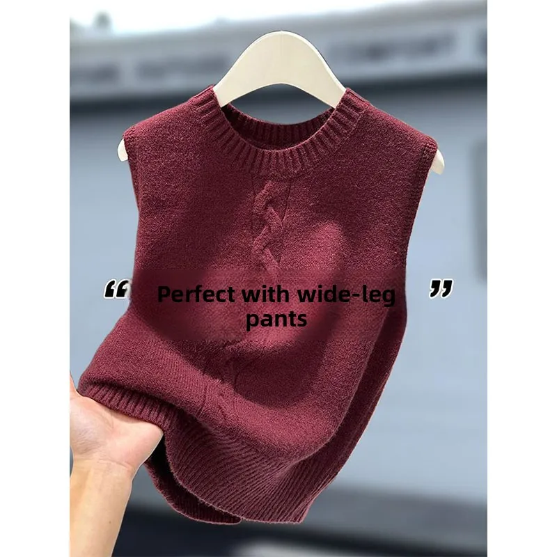 

Red round Ne Svel Knitted Vest Women's Autumn Winter Layering Inner Hollow out Sweater Vintage Commute Sle 05r