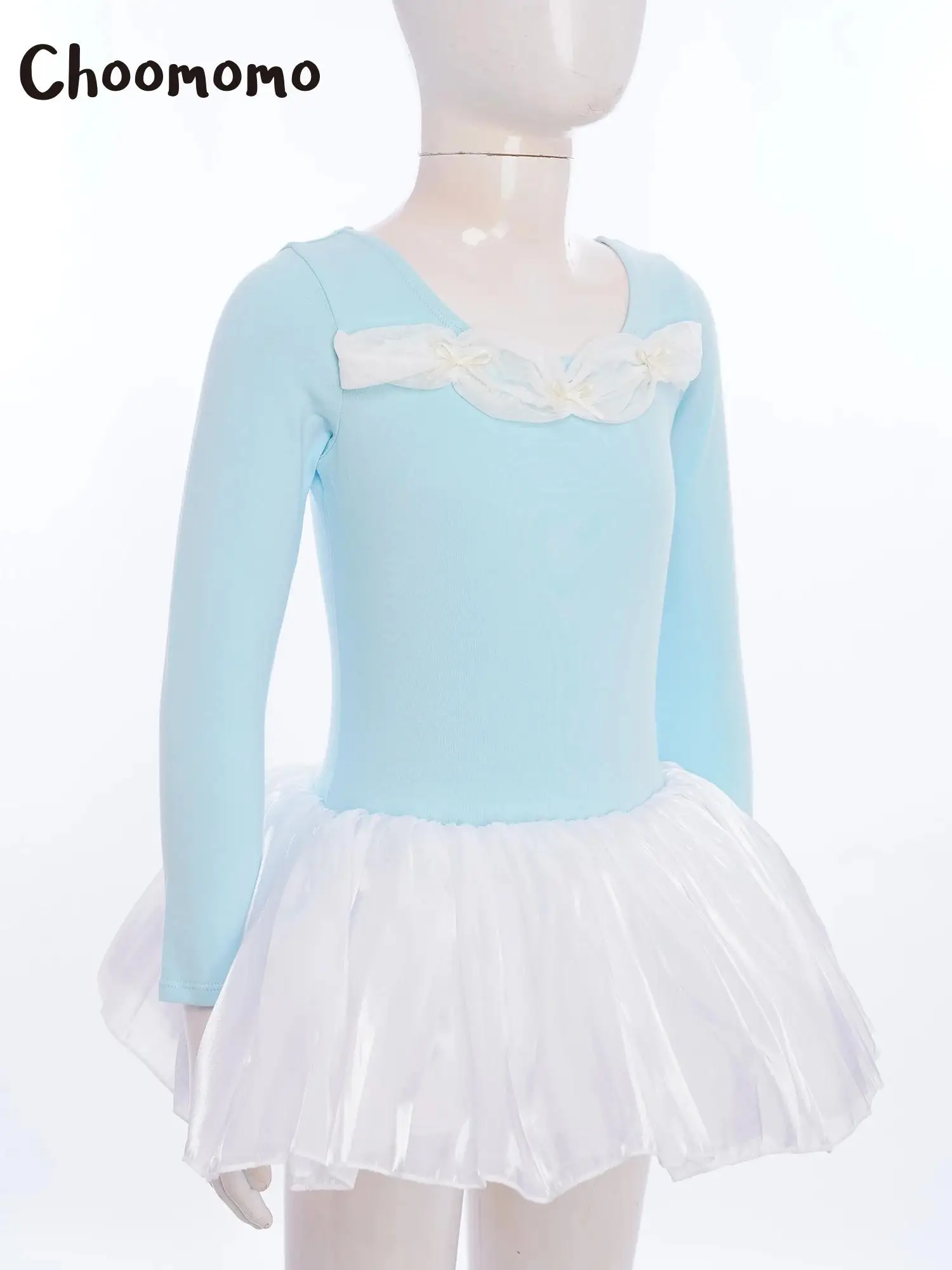 

Kids Girls Long Sleeve Ballet Leotard Dress Bowknots Ruched Cotton Tulle Tutu Dress Gymnastics Skating Performance Competition