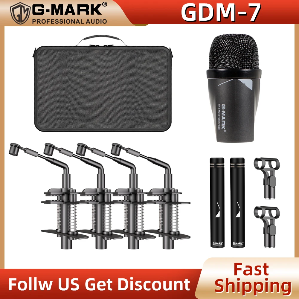 GMARK GDM7 Kick Drum Microphone 7-Piece Drums Kit For Bass Snare Drums, Toms & Cymbals Studio Recording And Live Performance