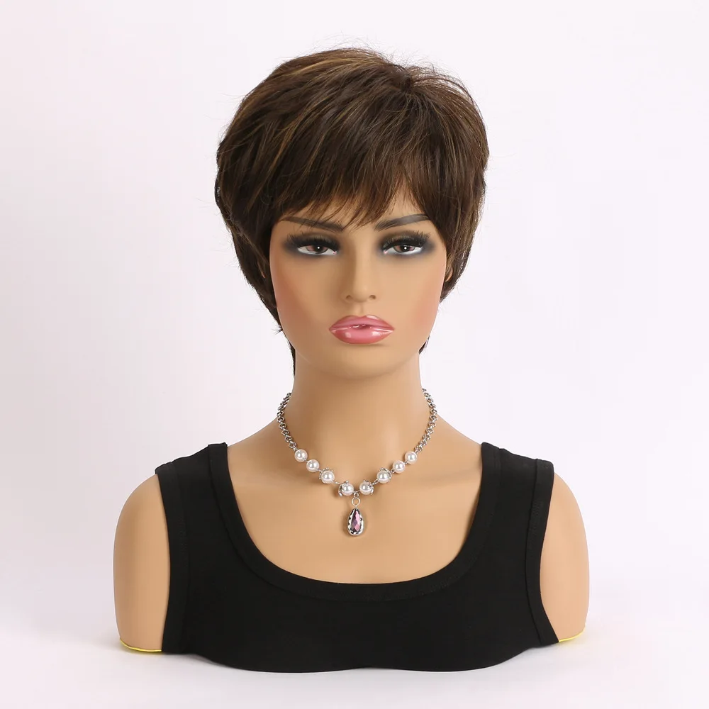 OUCEY Black Brown Synthetic Hair Wigs for Black Women Short Pixie Cut Wigs With Bangs Party Daily Women Wig Natural Hair