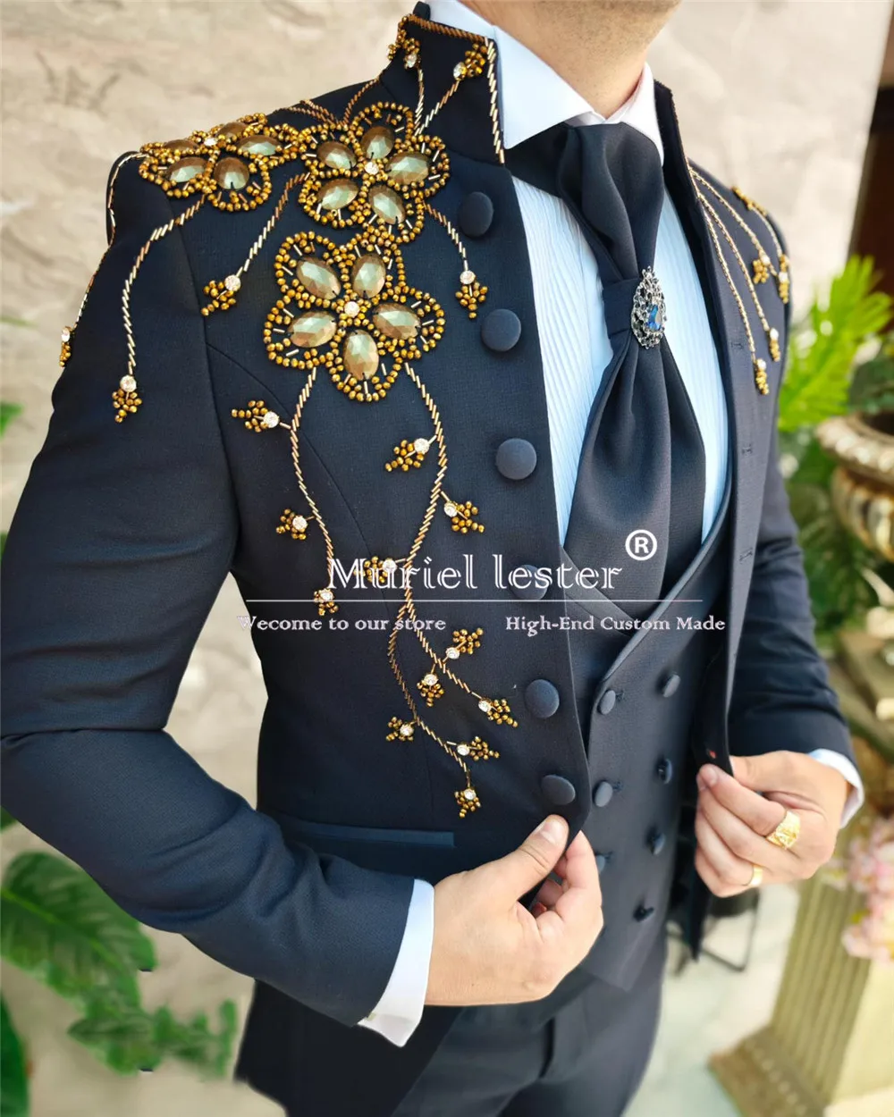 Navy Blue Suits Men For Wedding Gold Beaded Gem Jacket Vest Pants 3 Pieces Groom Tuxedos Slim Fit Formal Party Boyfriend Clothes