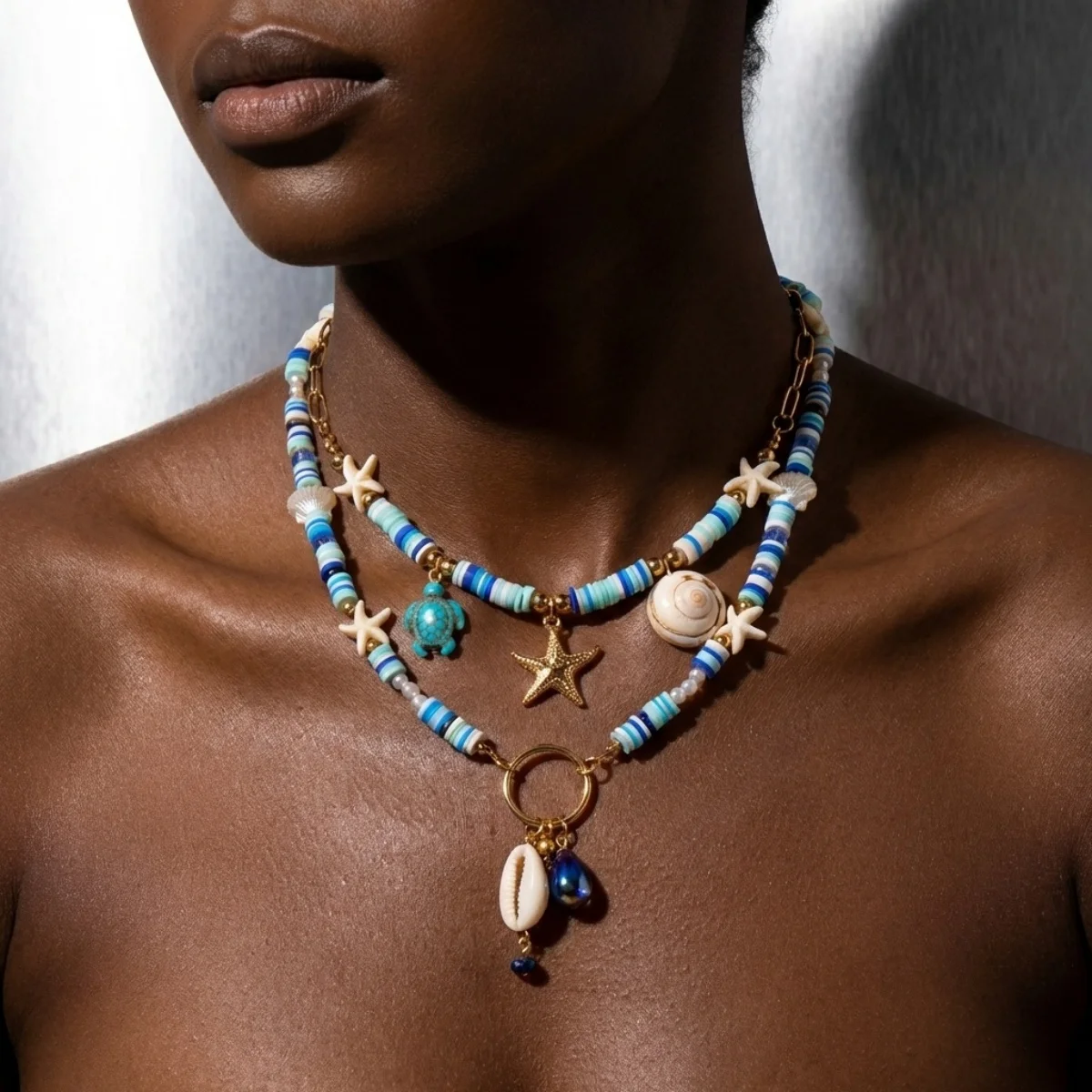 Halskette mit Seestern, Muschel, Schildkröte und Quaste aus Kunstharz für Damen und Herren, doppellagig, blau, aus weicher Tonperlen, Sommer-Strandschmuck – Detail 16