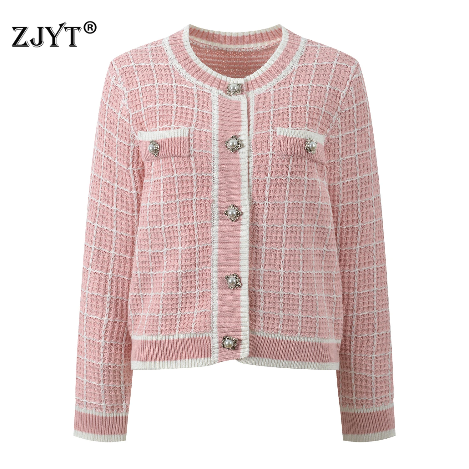 

ZJYT Fashion Long Sleeve Plaid Knitted Cardigans Sweaters for Women Spring Autumn O Neck Casual Coat Jacket Tops Jersey Mujer
