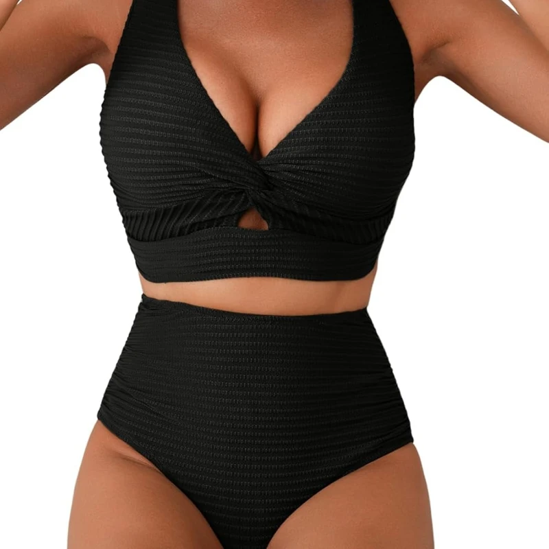 Damskie teksturowane zestawy bikini Twist Front Top Stroje kąpielowe Kostiumy kąpielowe z wysokim stanem, elastyczne, wygodne i dopasowane