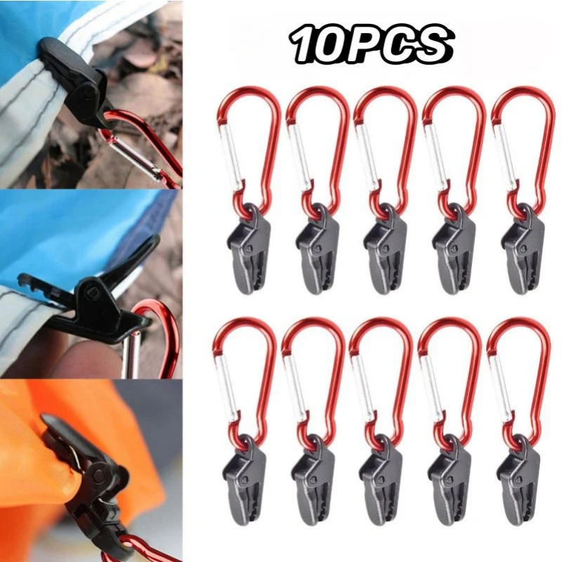 10pcs Portable Tent Awning Fixing Clamp Grip with Carabiner Hook Windproof Tarpaulin Plastic Wind Rope for Outdoor Camping