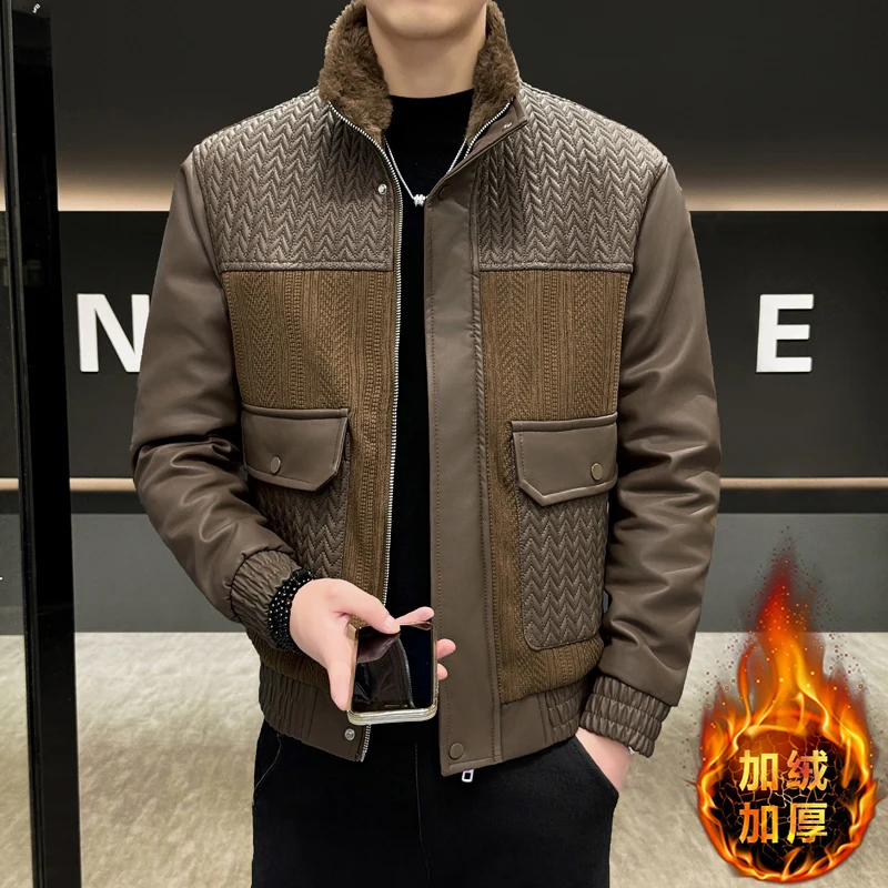 

Korean Knitted Splicing Leather Jacket Men Winter Thickened Velvet Motorcycle Jacket Business Social Streetwear Men Clothing