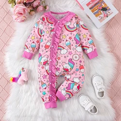 Cute Unicorn Rainbow Ice Cream Print Round Neck Long Sleeve Oblique Opening Tube Lace Decoration Girl Baby Bodysuit