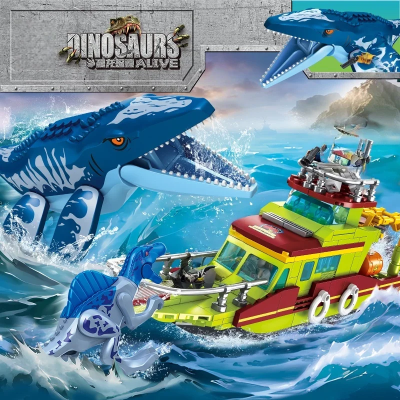 Moc Jurassic Dinosaur Alive Ship Toys Bouwsteen Ontsnapping uit de oceaan Mosasaurus Montagestenen Educatieve sets Kinderen Cadeau