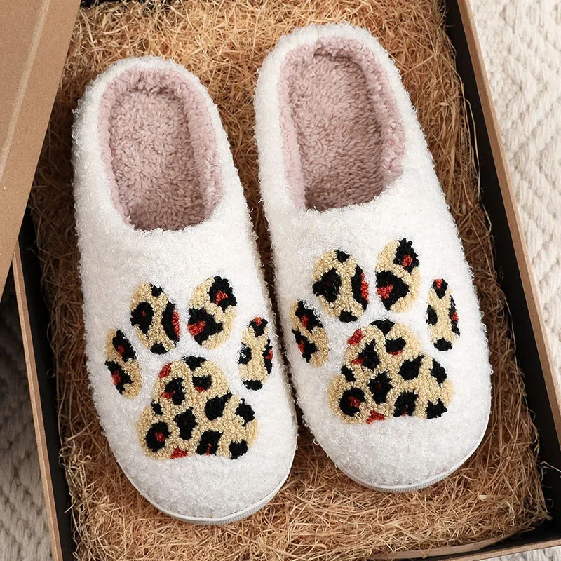 

Unisex Home Cotton Shoes Winter Women's New Leopard Print Claw Plush Slippers Couple Soft Flat Coral Fleece Warm House Slippers