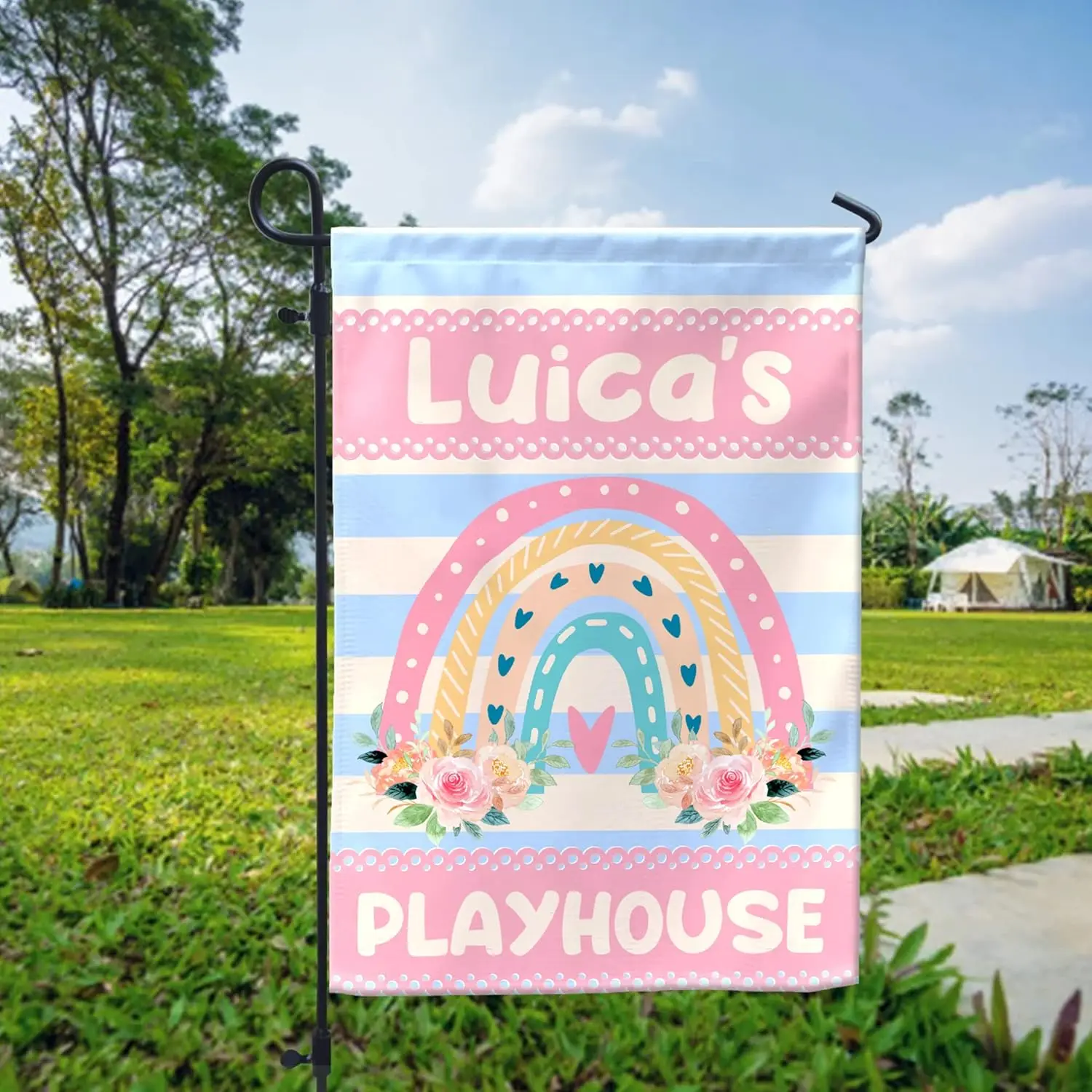 VOTANTA Personalized Playhouse Flag For Kids Rainbow Flowers Girls Tree House Flag Outdoor Yard Clubhouse Decor Kids Playhou WZZ