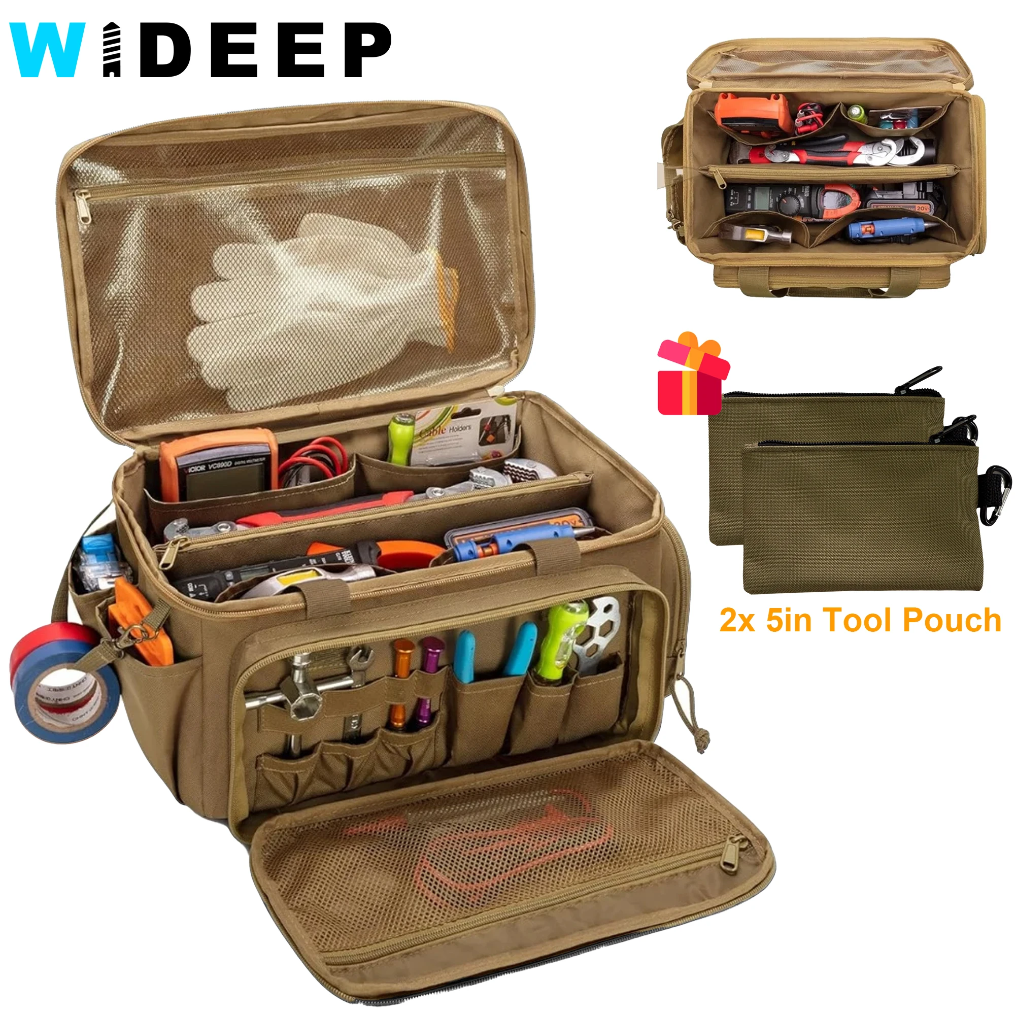 

14" Heavy Duty Tool with 2pcs Tool Pouch Bag Non-Slip Base Multi pockets Work Organizer for Electricians,Repairman,Carpenter
