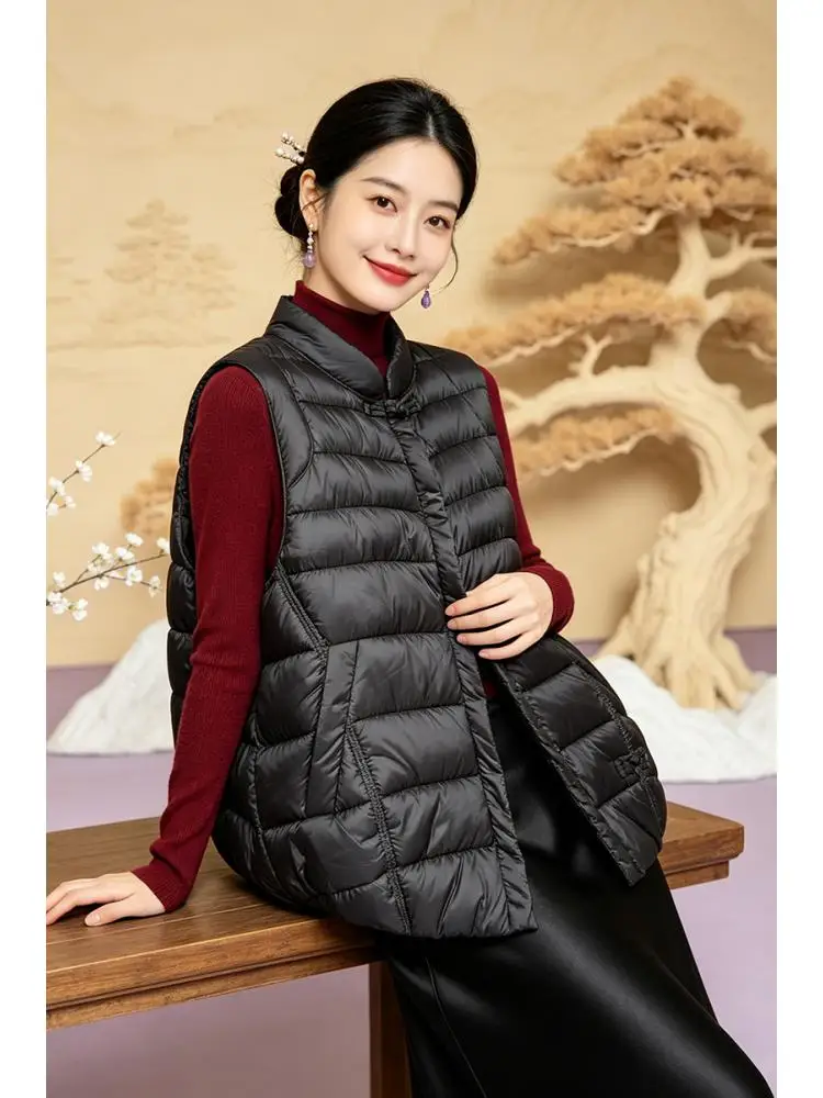 Women's Chinese style Warm Vest Lightweight Cotton Autumn Winter Outerwear Pure Color buckle vest coat - view 5