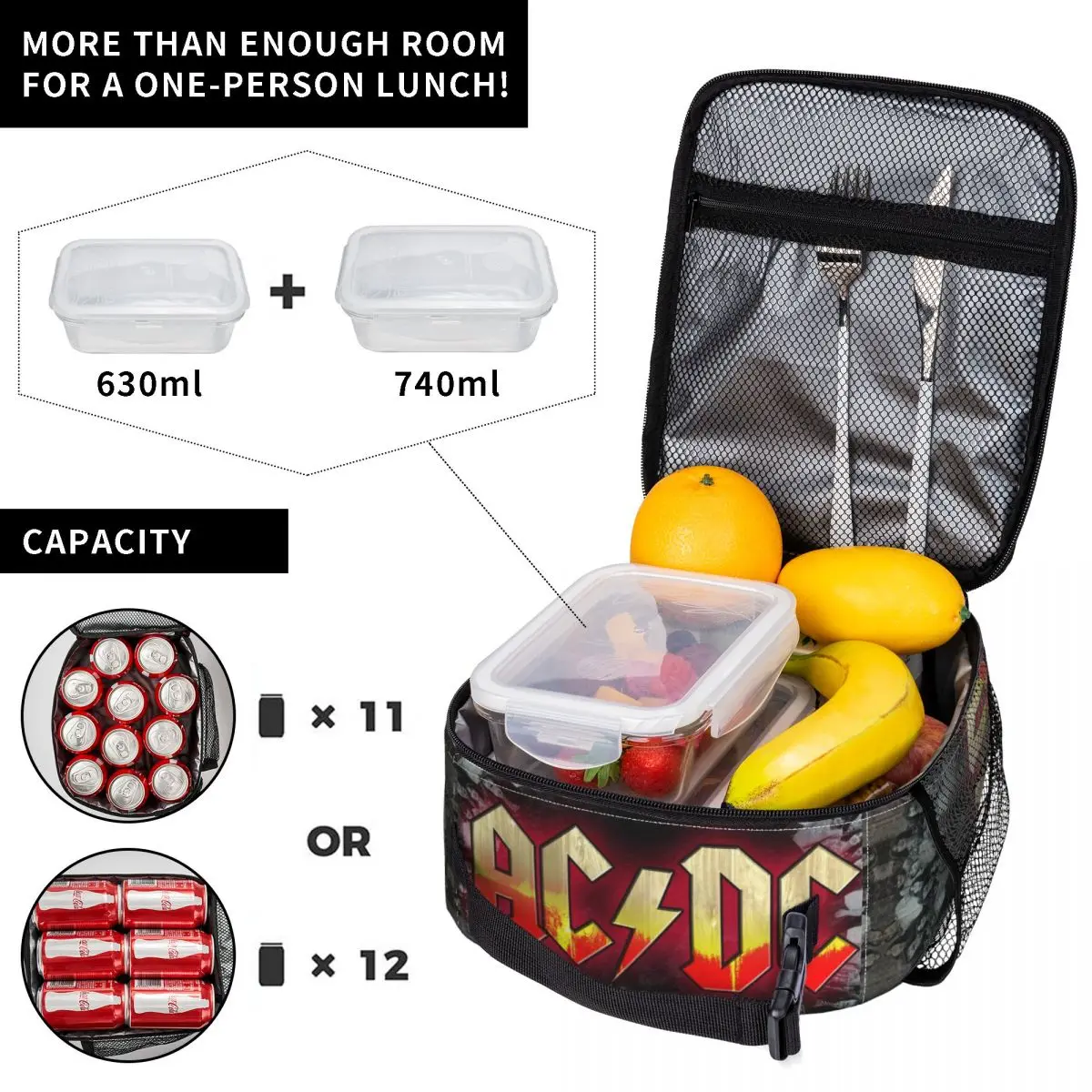 Vintage Rock AC DC Heavy Metal Resuable Lunch Box Women  Music Band Cooler Thermal Food Insulated Lunch Bag Office Work