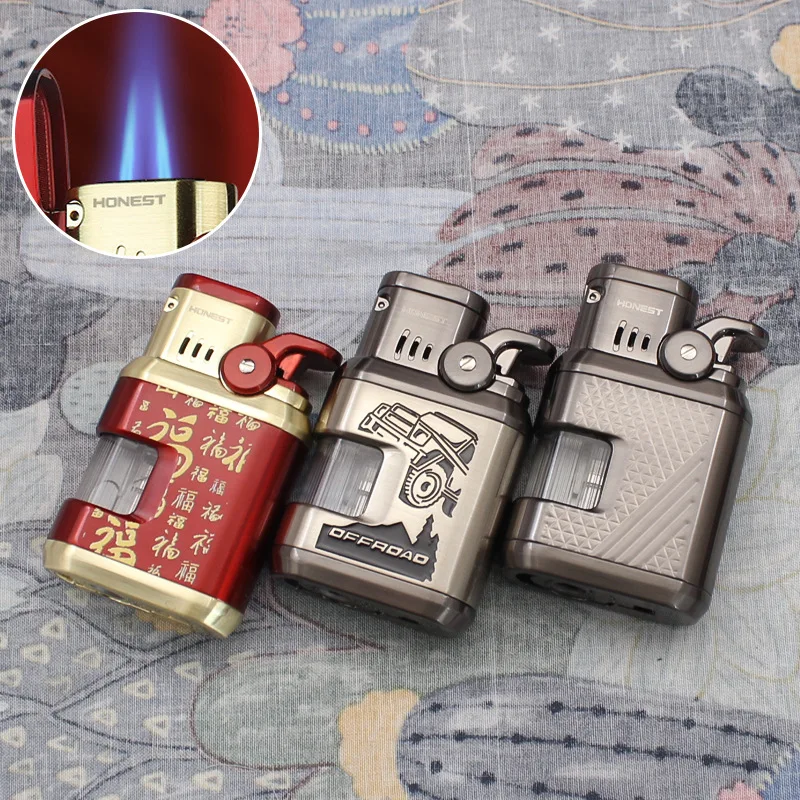 

Honest 2 Flame Cigar Lighter with Cigar Drill Visible Air Window Inflatable Windproof Lighter High-end Men's Cigarette Gifts