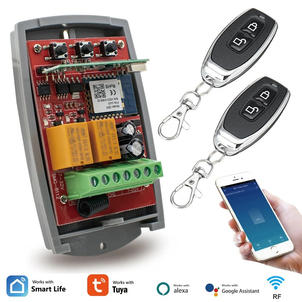 

2CH Tuya WIFI Garage Door Gate Recevier Smart Switch 12V 24V 220V Controller Opener For Fixed Rolling Code 433mhz Transmitter