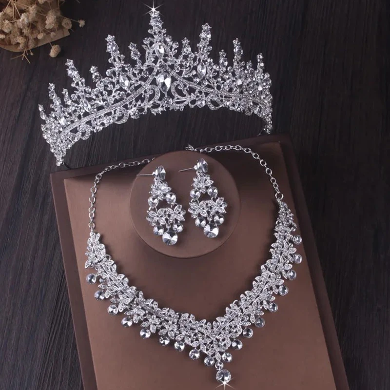 Luxury Silver Color Crystal Water Drop Bridal Jewelry Set Rhinestone Tiara Crown Necklace Earring Set Bridal Wedding Jewelry Set