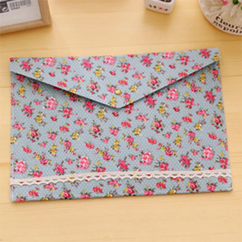 Saco de arquivo envelope impermeável, macio floral, grande capacidade, portátil, armazenamento de dados, elegante pasta botão, organizador para estudantes, a4