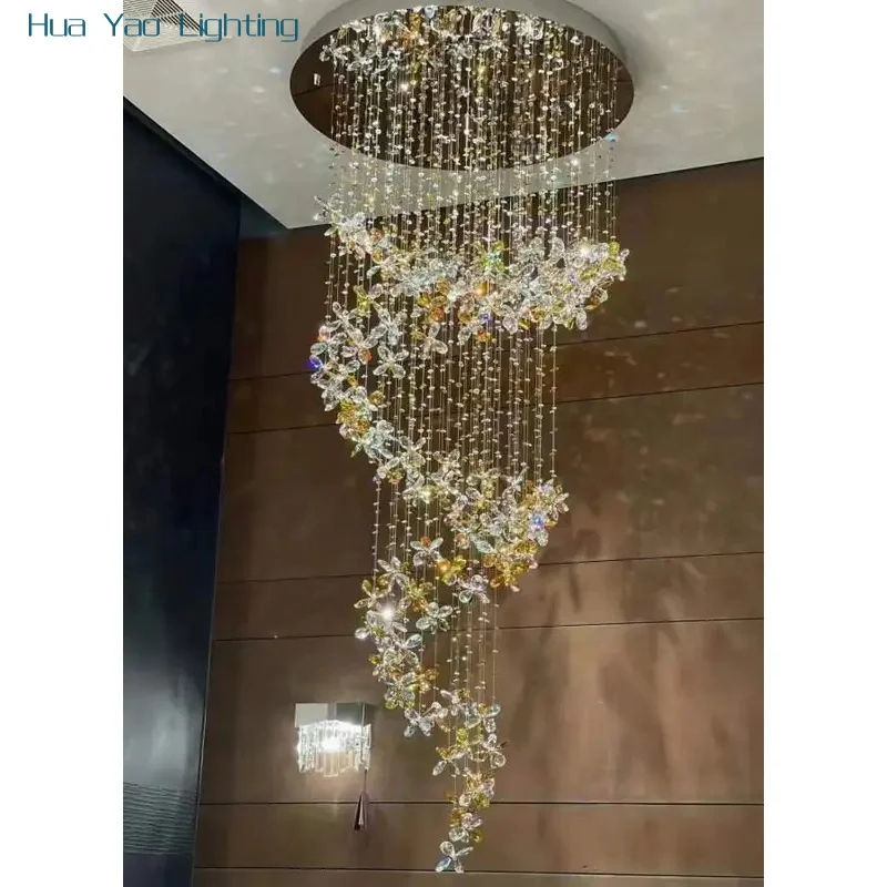 Duplex Crystal Chandelier Luxury Living Room Light Villa Spiral Staircase Lobby Decorative Lamp Lustre Flower Customized  Lamp