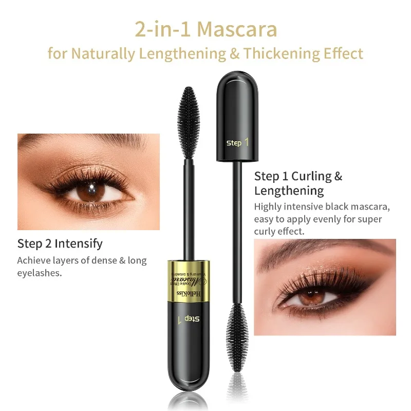 Mascara effet 4D 2 en 1 pour allongeant, recourbe et volumisant les cils dramatiques, formule longue durée imperméable et anti-taches