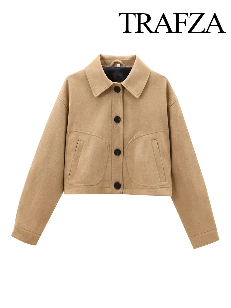 

TRAFZA Women's Autumn Vintage Pure Leather Texture Short Jacket Female Chic Lapel Single Breasted Pocket Casual Long Sleeve Coat