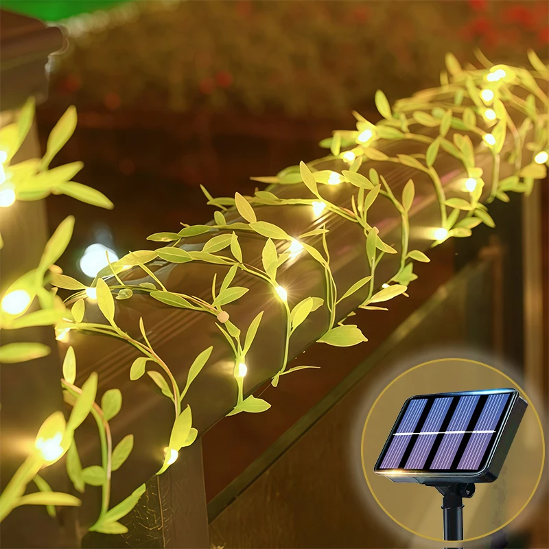 Solarbetriebene LED-Efeu-Blatt-Lichterkette mit 8 Modi, grüne Ranken-Lichterkette für Balkon, Garten und Hofdekoration im Freien