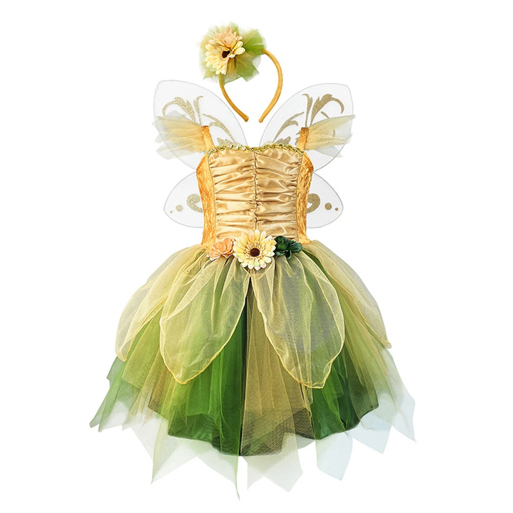 New Halloween Tinker Bell Cosplay Costume Fancy Girls Green Purple Elf Dress Up Flower Performance Ballet Tutu Dress Fairy Wings