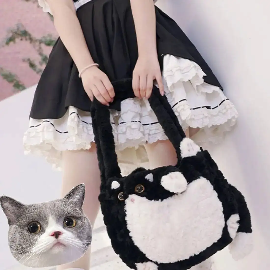 Bloom Sweet Cute Cat Black White Shoulder Women Haruku Aesthetic Plush Y2k Crossbody Bags Girl Large Capacity Tote Bag