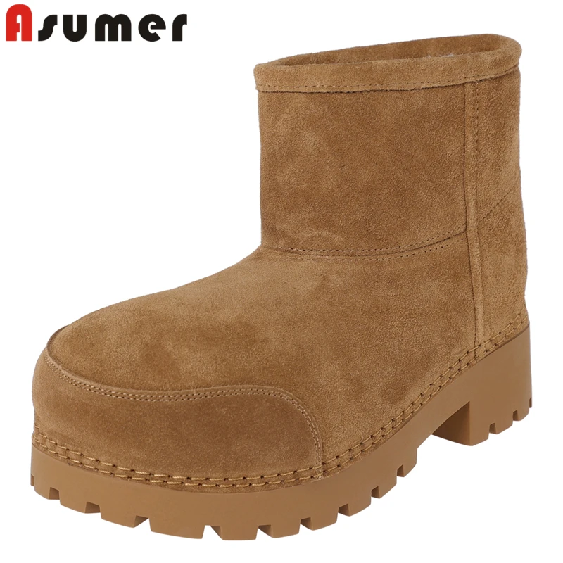 

ASUMER Cow Suede Snow Boots Women Square Mid Heels Big Head Wool Blend Winter Boots Luxury Brand Mid Calf Boots Fashion Shoes